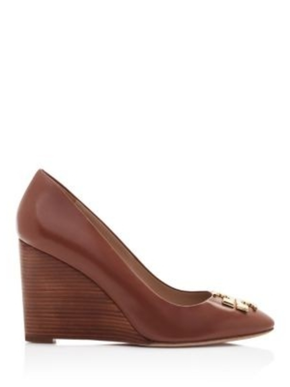 Brown Leather Wedge Pump with Gold Accent